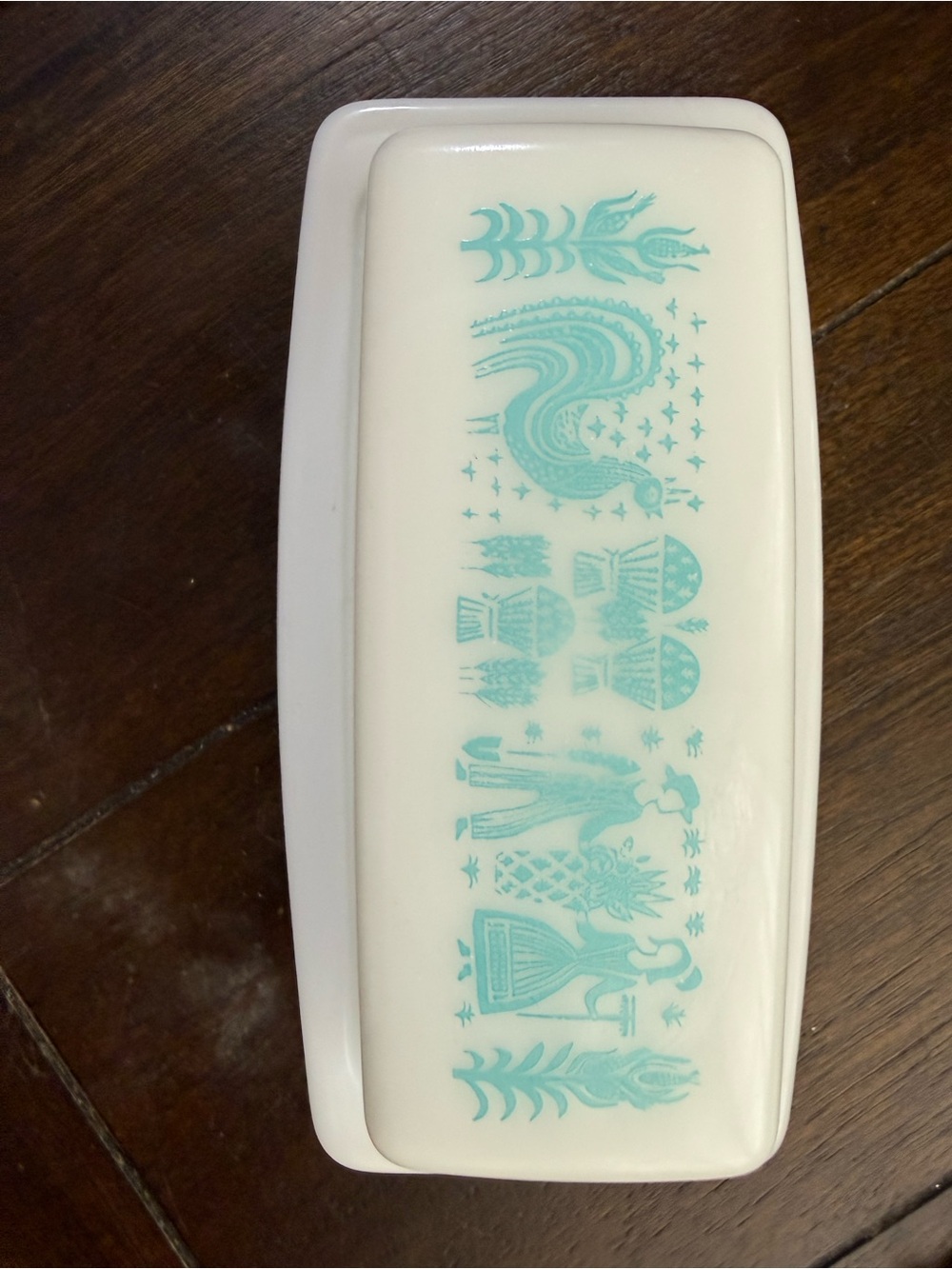 Pyrex Turquoise and White Ceramic Covered Dish milk glass